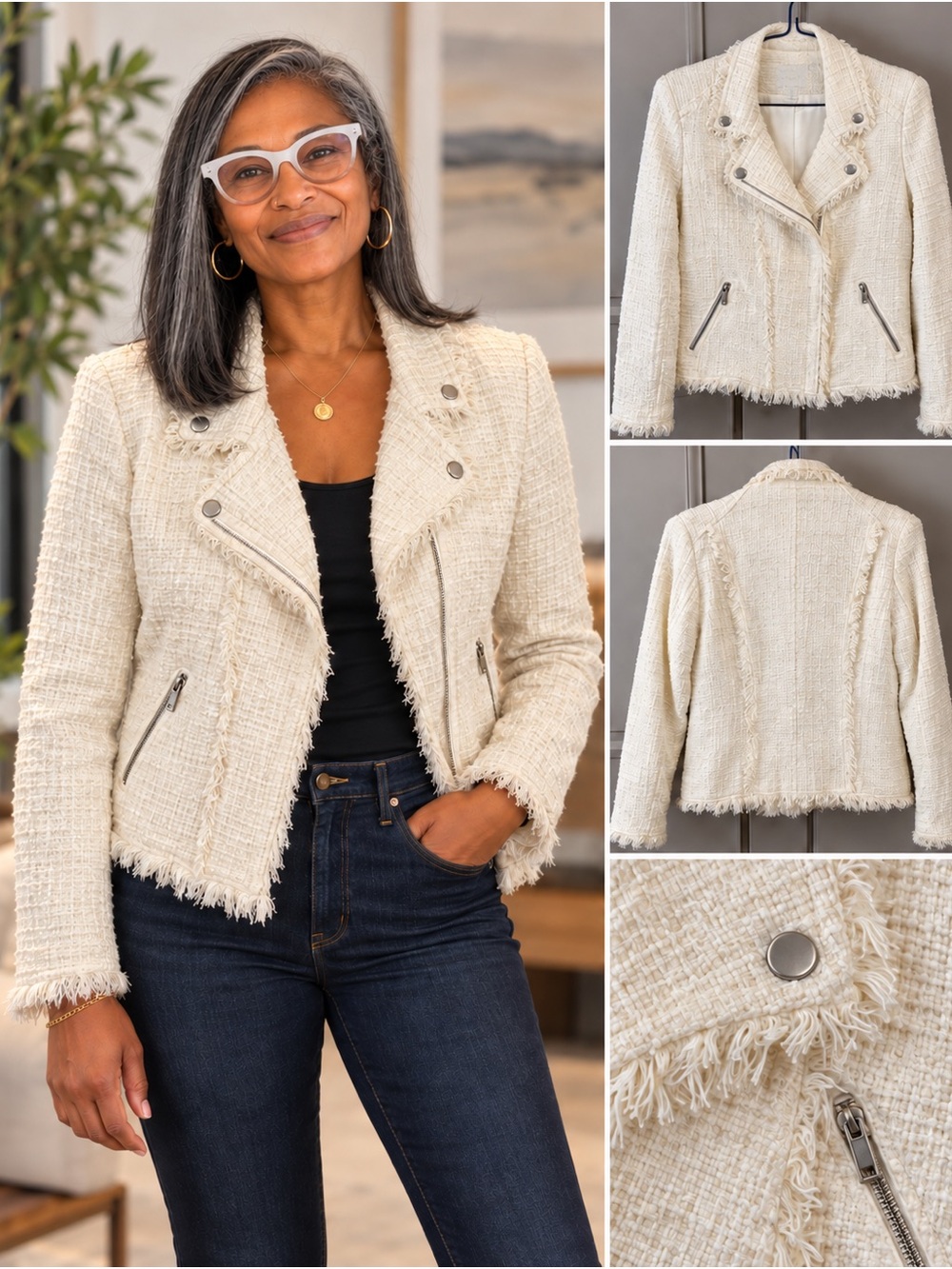 Carolina Belle White Tweed Fringed Moto Blazer Medium